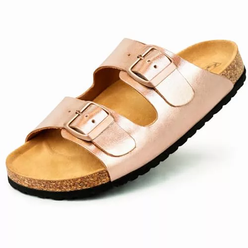 GONKOS®, Sandalias Piel Autentica Corcho Natural, Hebillas ajustables al Pie, Sandalias piel Hombre Sandalia Piel Mujer de Calidad Hechas en España, Rosa Metalico 