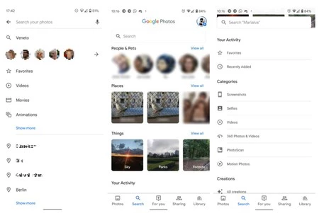 左、古い検索インターフェイス。中央と右、新しい提案。 Android Policeのスクリーンショット