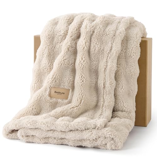 Bedsure Manta Suave Polar Burbuja - Plaid Sofa, Beige, 130x170 cm | Manta Sofa, Regalos para Mujeres Decorativa Mantas, Sofá, Cama, Cubre Cama Cálido, Manta Polar para Salón, Dormitorio y Hogar
