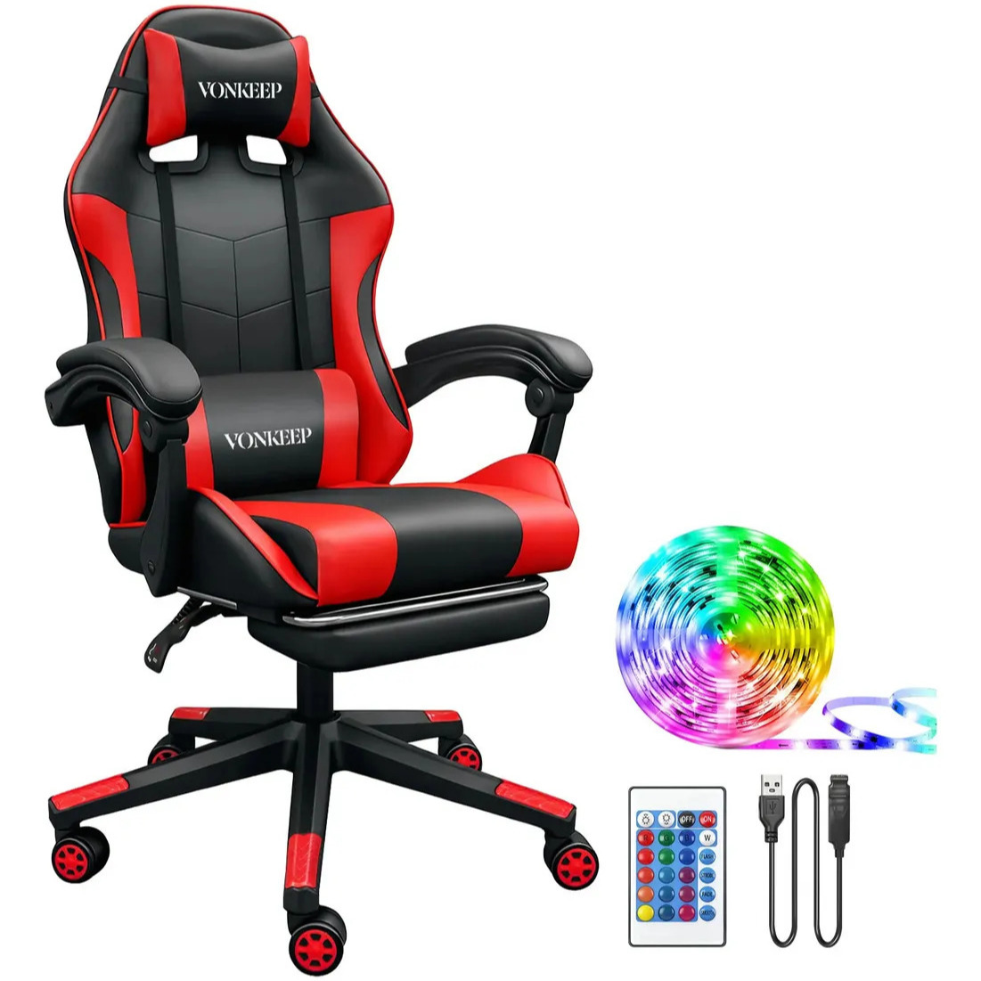 VonKeep Silla Gamer Ergonómica Oficina Roja con Reposapiés y Tira LED de 5m