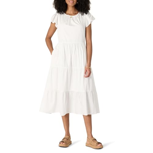 Amazon Essentials Vestido Midi, a Capas y Holgado de Satén de Algodón con Cuello Redondo Mujer, Blanco, XS