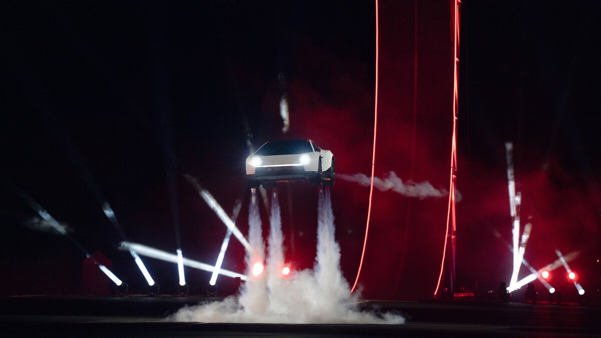 Tesla Roadster prototype hovering above the stage at the Texas reveal
