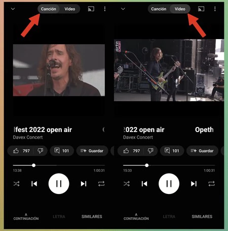 これらのスクリーンショットでは、左側に曲のオーディオのみが再生されていることがわかります。ただし、右側はビデオの再生です。 YouTube Music では、その曲の楽しみ方を直接選択できます。