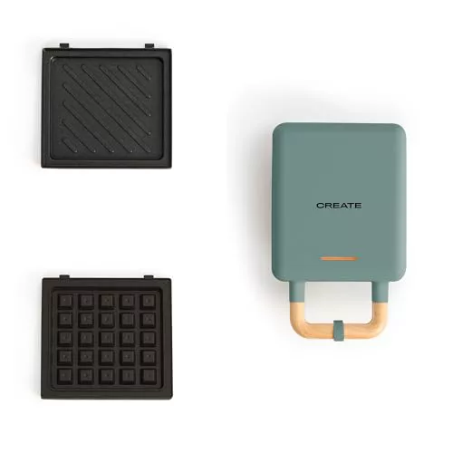 CREATE/STONE STUDIO/Sandwichera-Grill y gofrera individual verde sage / 2 placas intercambiables: Sandwich y Gofre, antiadherente, 1 rebanada, apertura 100º, autoapagado, asa tacto frío, 600W