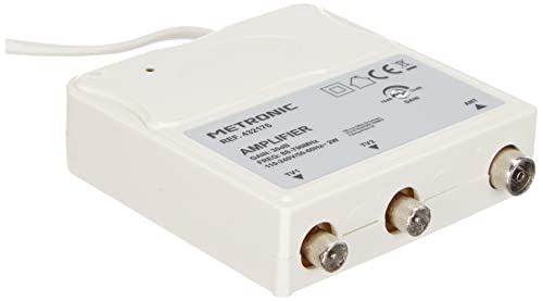 Metronic 432176 - Amplificador de interior con ajuste de ganancia FM-UHF, ganancia ajustable hasta 30 dB, protección 4G, tomas de TV, diámetro 9,52 mm, color: blanco