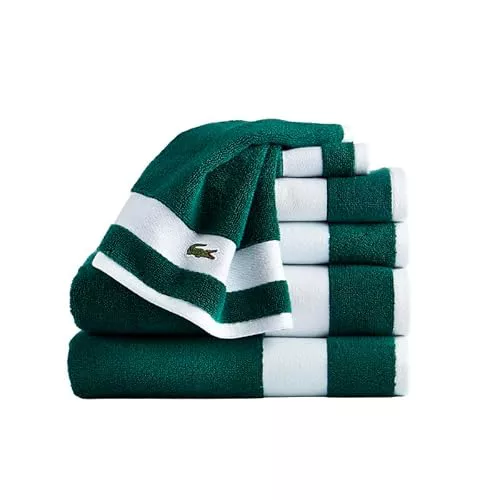 Lacoste Sport Stripe - Juego de 6 Toallas de Lujo de algodón, 2 Toallas de baño, 2 Toallas de Mano, 2 paños de baño, Color Verde cocodrilo