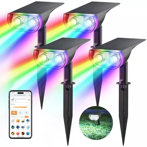 Linkind Foco Solar Inteligente de Colores para Jardín Exterior, Luz de Jardín RGB de 16 Millones de Colores con Blanco Cálido y Frío, Controlable en Grupo,IP65 Lampara Exterior Inteligente, 4 Piezas