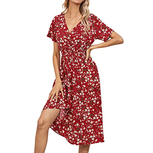2025 - Vestido de noche elegante para mujer con estampado floral casual con cuello en V vestido sexy de manga corta y línea A para playa vestido de moda ajustado para mujer sexy manga larga, rojo, L
