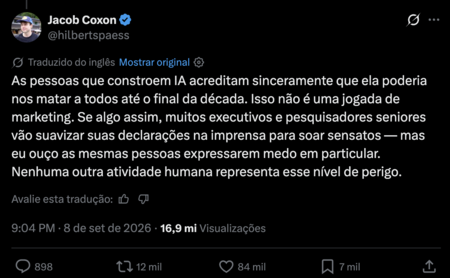 Postagem de Jacob Coxon no X