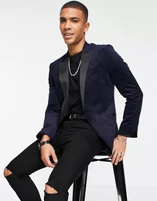 Chaqueta de esmoquin azul marino entallada de botonadura simple de terciopelo de Topman