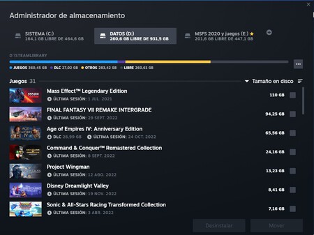 Steam Administrador almacenamiento