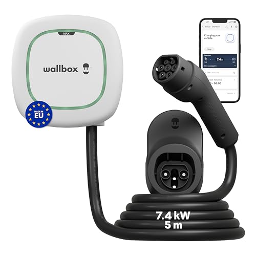 Wallbox Pulsar Max 7.4kW - Cargador Coche Electrico 32 A -Cable 5 Metros- Cargador EV Tipo 2- Estación Carga para Vehículo Eléctrico WiFi y Bluetooth - Cable de Carga para Interior y Exterior - Blanco