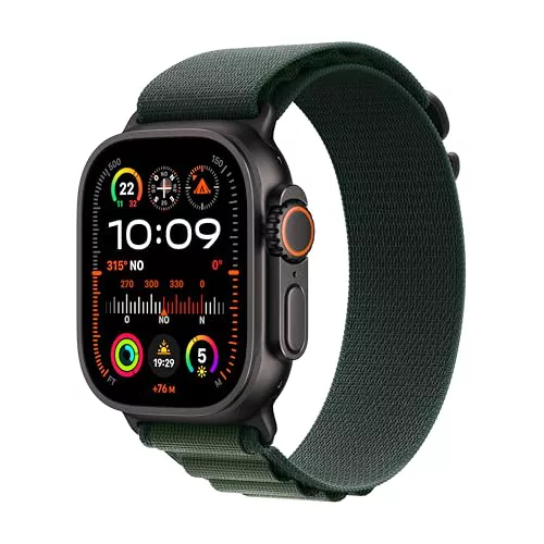 Apple Watch Ultra 2 GPS + Cellular Smartwatch, Reloj Deportivo con Caja de Titanio Negro Resistente de 49 mm y Correa Loop Alpine Verde Oscuro - Talla S. Monitor de entreno y Neutro en Carbono