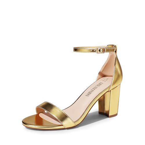 DREAM PAIRS Chunk - Sandalias de tacón bajo para mujer, Dorado metálico