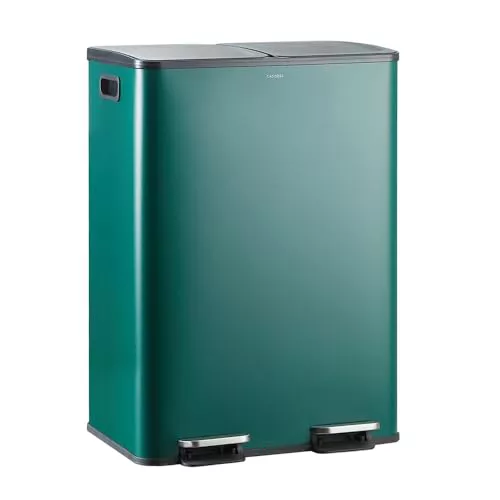 CASABEL Papelera Cocina Reciclaje 60L – 2x30L, Doble Compartimento con Pedal, Acero Inoxidable Verde Oscuro, Antihuellas, Tapas Silenciosas, Asas Laterales, Cubos Extraíbles.