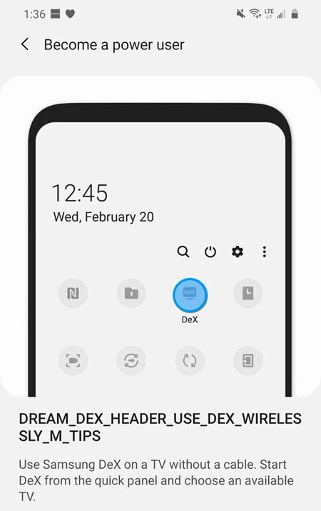 ワイヤレス DeX を発表する Samsung のヒント画面。 XDA 開発者からの画像