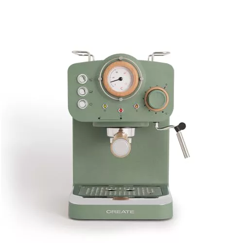 CREATE / THERA RETRO/Cafetera Express Semiautomática verde sage mate y madera / 20 bares, brazo doble salida, depósito 1,25L, café molido y monodosis ESE 55mm, con vaporizador, 1100W
