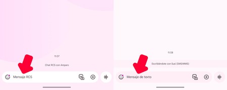Izquierda, mensaje RCS a un iPhone con iOS 18; derecha, SMS a un iPhone con iOS 17