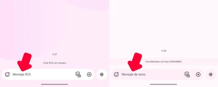 左、iOS 18 を実行している iPhone への RCS メッセージ。右、iOS 17 を搭載した iPhone への SMS