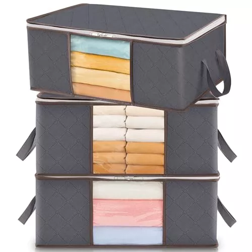 Lifewit Organizador Ropa, Cajas Almacenaje Ropa Plegable con Asa Reforzada, Bolsas para Guardar Ropa de Tejido Resistente y Ventana Transparente para Suéteres, Abrigos, Mantas, Gris, 35 L, 3 Piezas