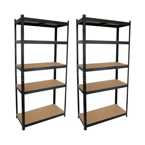 7H Seven House - Estantería Modular Almacenaje (Pack 2), Acero y MDF Antihumedad, Hogar, Trastero, Garaje, 5 Baldas Ajustables, Carga Máx. 875Kg, 90x40x180cm (Largo x Ancho x Alto), Color Negro