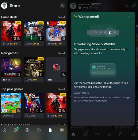 La app de Xbox por fin sirve para algo más que para navegar. Microsoft integra la tienda y la lista de deseos en el móvil