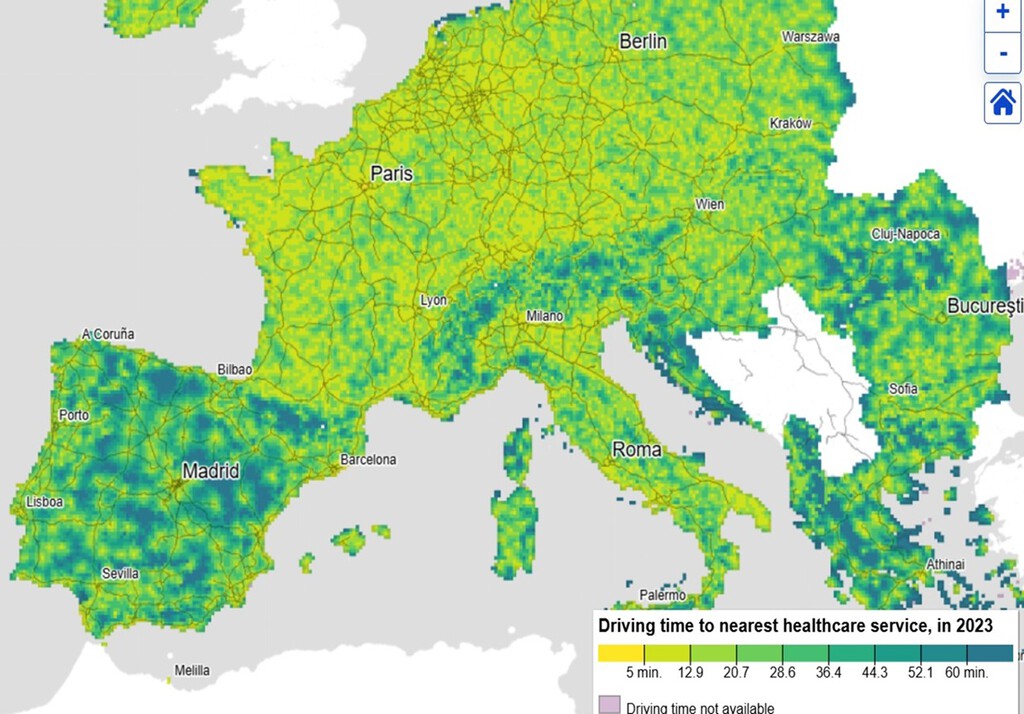 Este mapa permite ver desde el móvil cuánta distancia hay hasta el centro de salud o el cole más cercano. España sale perdiendo 
