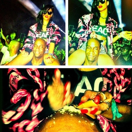 Rihanna, ¿que haces enharinando la calva de ese hombre? Porque es harina... ¿no?