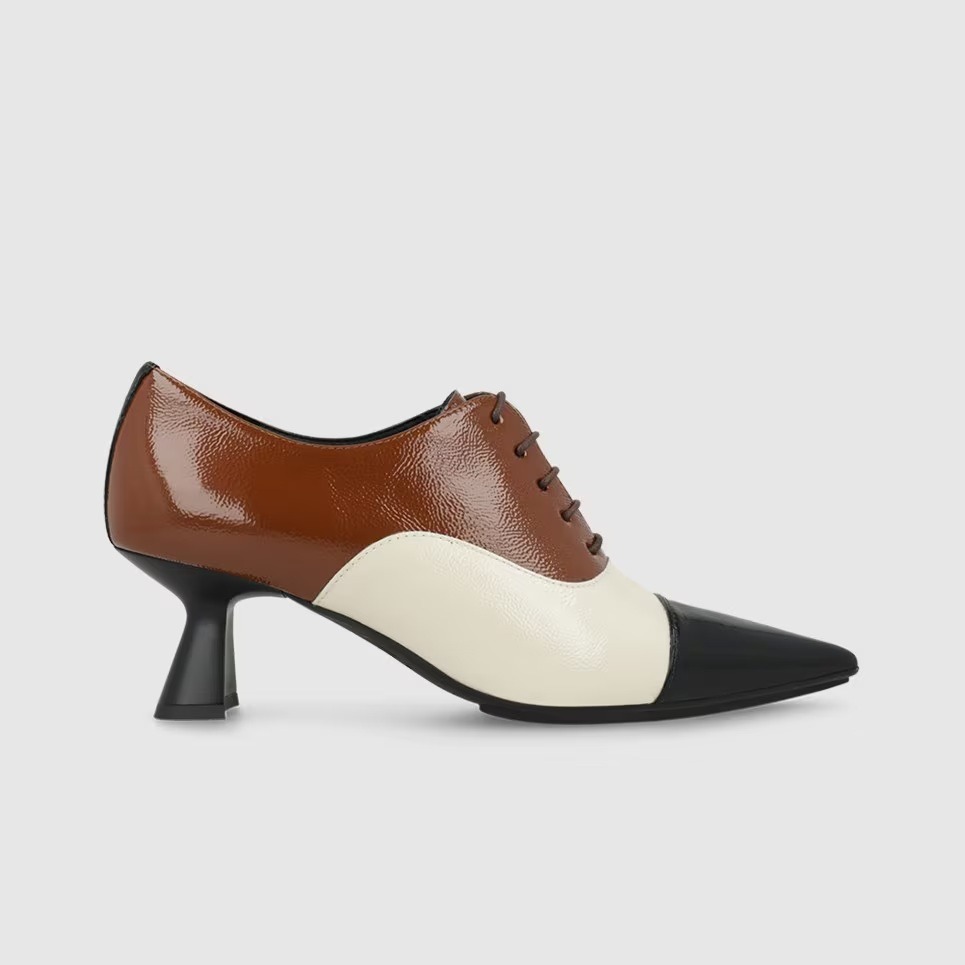 Zapatos de mujer en piel tipo oxford con tacón - Lodi - Marrón / Blanco roto

