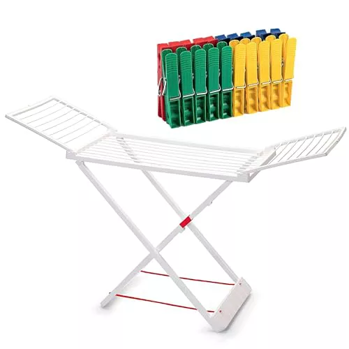 ForenTex Tendedero Plegable de Resina con Alas, 20 m, Blanco con 20 Pinzas