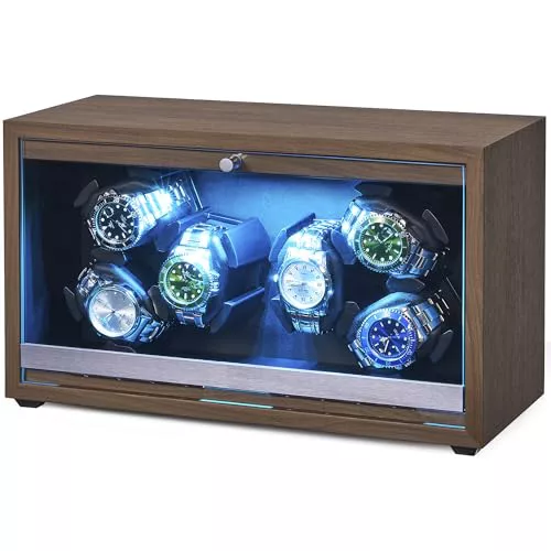 ANWBROAD Caja enrolladora de relojes Caja giratoria para 6 relojes con LED y Motor rotador Mabuchi supersilencioso 4 modos de rotación giratoria de regalo JWW003A