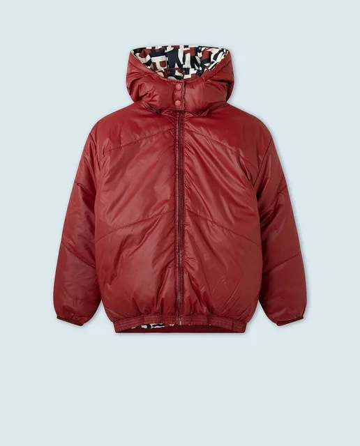 PARKA DE NIÑA REVERSIBLE EN BURDEOS Y LOGOTIPO PEPE