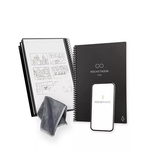 Rocketbook Core Cuaderno Espiral Reutilizable, Tamaño A5, 15 cm x 22,4 cm, Negro - Páginas de Puntos, Conexión a App, Borrable, Tapa Duradera, para el Colegio, el Trabajo y los Proyectos Creativos