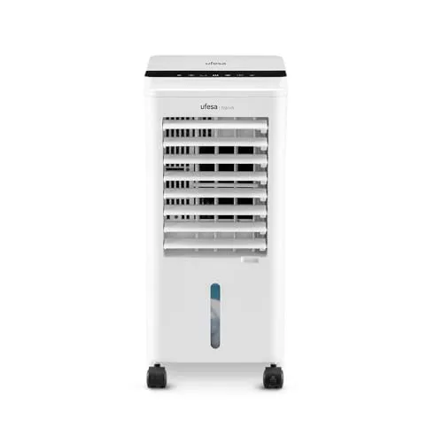Ufesa Narvik Climatizador Evaporativo, 65W, Función Fría y Ventilador, 3 Velocidades, 3 Modos, Panel Táctil, Depósito 5L, Temporizador 12h, Filtro Lavable, 2 Bloques de Hielo, Mando a Distancia