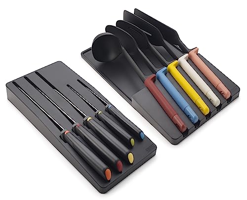 Joseph Joseph Elevate Cuchillos de Cocina Profesionales y Utensilios de Cocina, 10 piezas, con Almacenamiento para Cajón, Negro/Multicolor