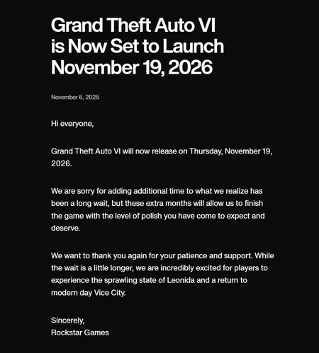 ¡GTA 6 se retrasa otra vez! Rockstar pide disculpas y anuncia que su juego de mundo abierto se hará de rogar varios meses más