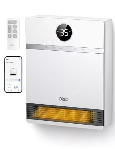 Dreo Inteligente Calefactor Bajo Consumo, Oscilación de 30°, 2000W Termoventilador Electrico, Calefactor Baño Pared, Termostato Ajustable, Control Remoto, 24H Temporizador, Instalación Sencilla, Alexa