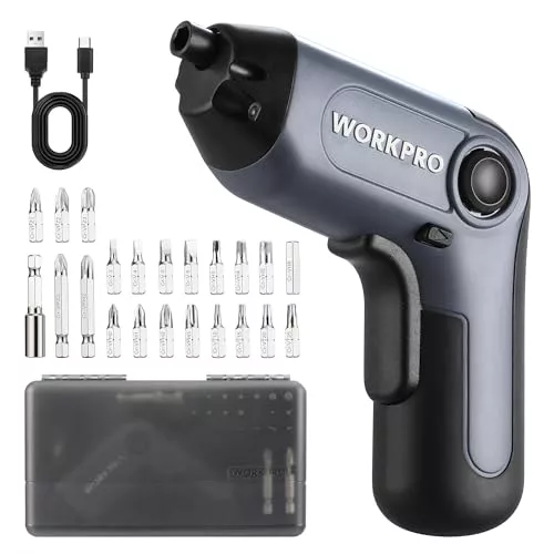 WORKPRO Destornillador Eléctrico de 3,6V, Atornillador Eléctrico Inalámbrico, Juego de Atornillador Batería, Diseño Excéntrico, Puntas de Cr-V, con Portapuntas Magnético, Luz LED y Caja Portátil