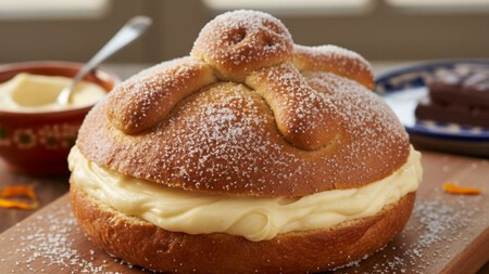 Prepara pan de muerto relleno de crema con solo 7 ingredientes y sin amasar demasiado, perfecto para el café de la tarde