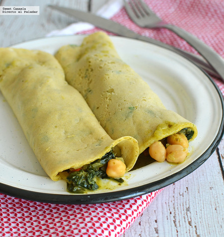 Crepas veganas rellenas de curry verde. Receta