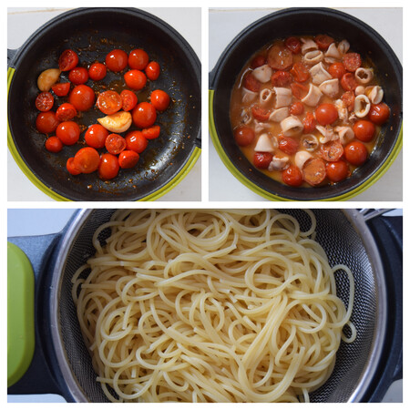 Espaguetis con sepia al ajillo paso a paso