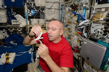Astronauta depositando amostra de saliva seca