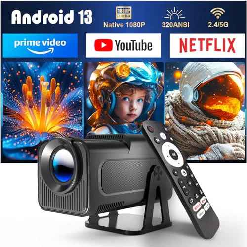 [Netflix-Oficial]HY320 NTV Android 13 Smart Proyector con Varios Oficial TV Apps,Asistente de Voz Inteligente 1080P Nativa/Resolución Óptica 320ANSI 5G Wifi BT 5.2 Portátil Videoproyector Cine en Casa