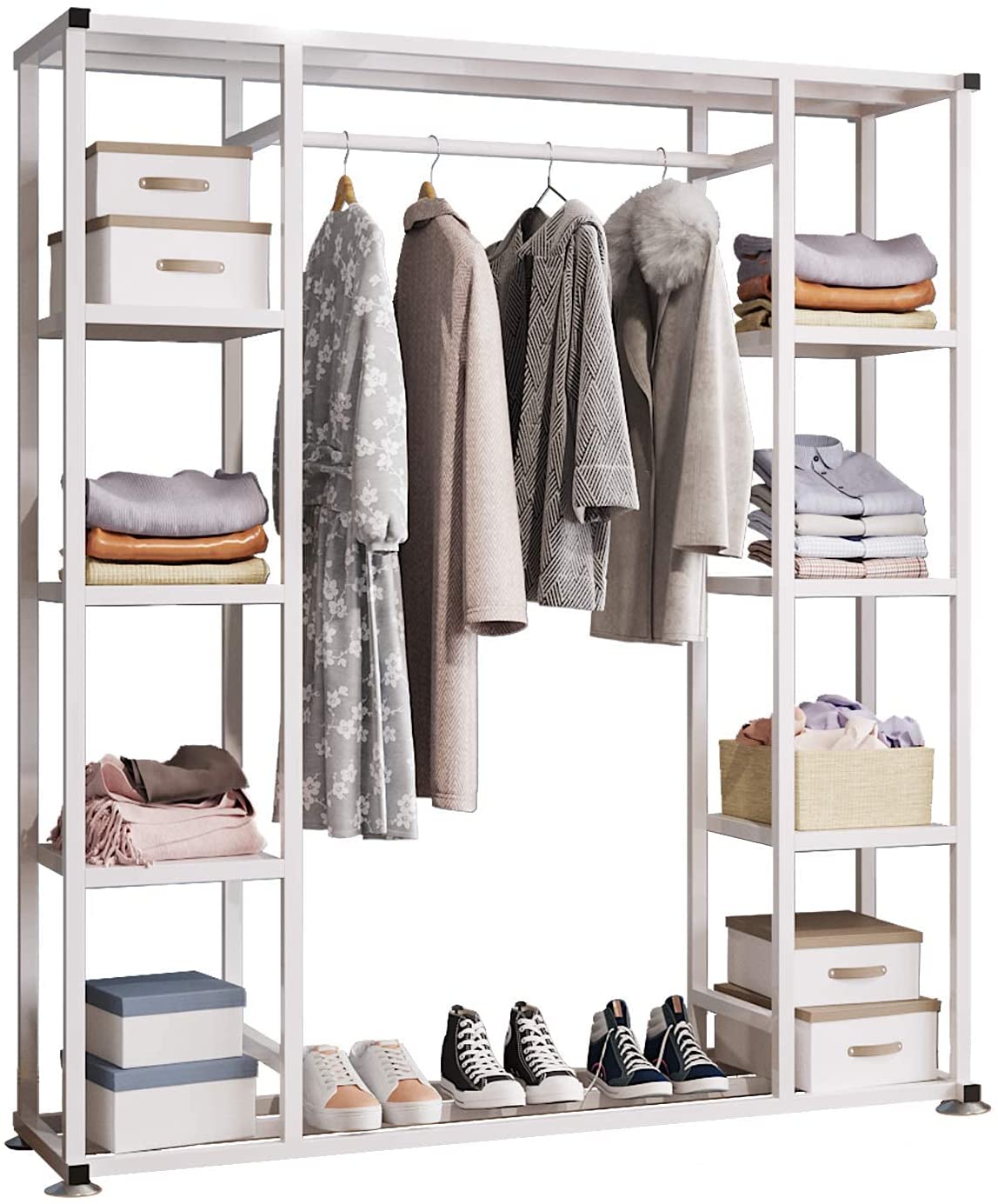 UDEAR Perchero de Pie Metal,Armario Abierto,Perchero Burro,Zapatero,Ropa Perchero,con 9 Estantes Multiusos para Ropa,Zapatos,Bolsos,Abrigo,en Entrada,Habitación,Blanco