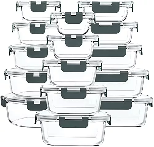 MCIRCO Recipientes de vidrio para alimentos 30 piezas [15 recipientes + 15 tapas] - Recipientes de vidrio - Tapas transparentes - Sin BPA - para la cocina de casa o el restaurante