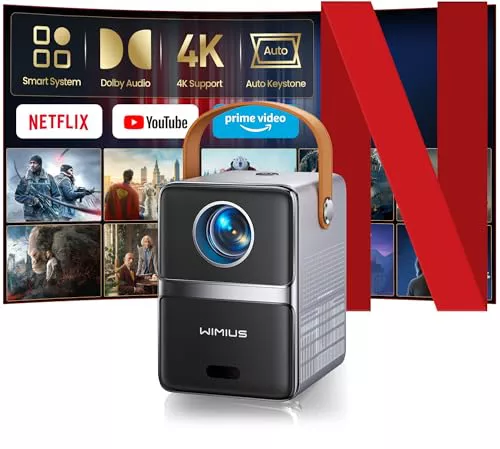 Netflix Certificado Mini Proyector Portatil 4K, WiMiUS 1080P Proyector con Auto Keystone/E-Enfoque, WiFi 6& Bluetooth 5.2, Dolby Audio Projector Portable 4k para Movil/PC/HDMI/Exterior/Cine en Casa