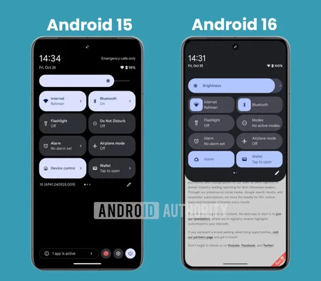 Android 15 (左) とおそらく Android 16 (右) の設定の比較。 Android 当局からの画像