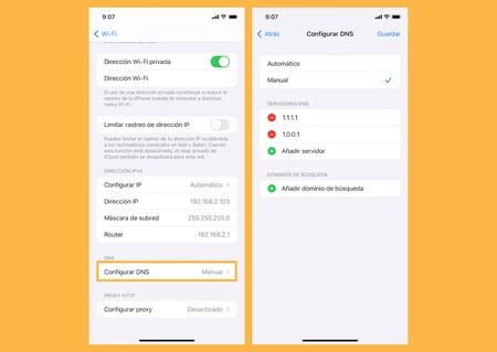 Capturas de pantalla mostrando los pasos a seguir para cambiar los DNS en iOS