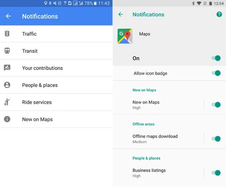 アプリ設定 (左) と Android O チャネルからの通知