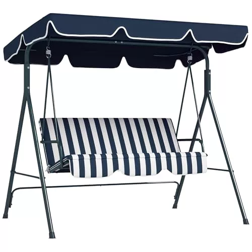 Outsunny Columpio de Jardín Exterior de 3 Plazas, Balancín de Jardín Exterior con Techo Ajustable y Marco de Acero, para Balcón, Terraza, Patio, Carga 240 kg, 172x110x153 cm, Raya Azul